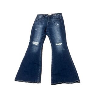 Risen Distressed High Rise Flare Jeans Dark Wash